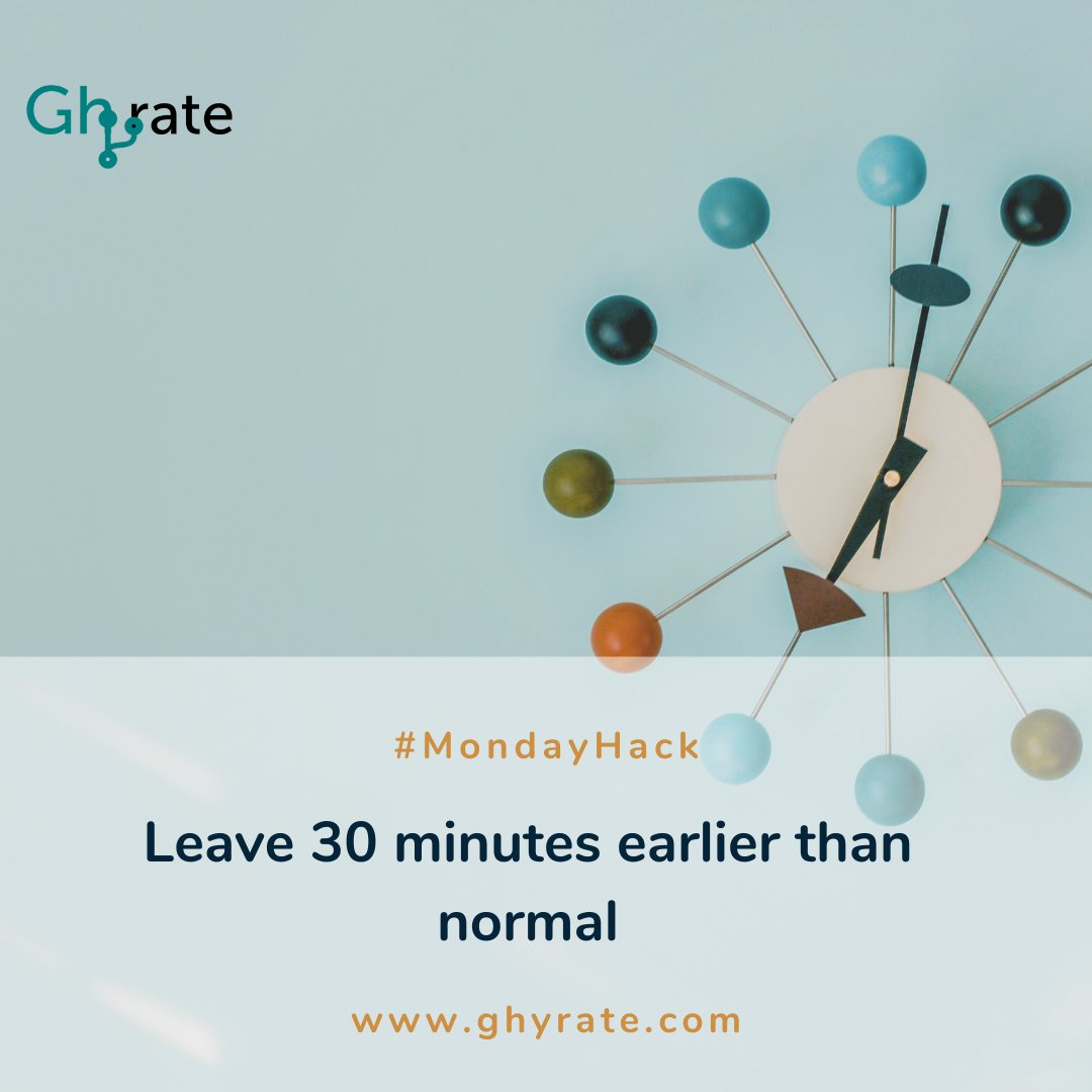ghyrate's tweet photo. #MondayHack #TransportHack
Leave 30 minutes earlier than normal when going to or returning from work.
Studies find that the less sense of “time urgency,” or worry about being late, you have, the less stressed out you’ll feel during your commute.
#Ghyrate #ProductivityHack https://t.co/1d2ccaUoLC