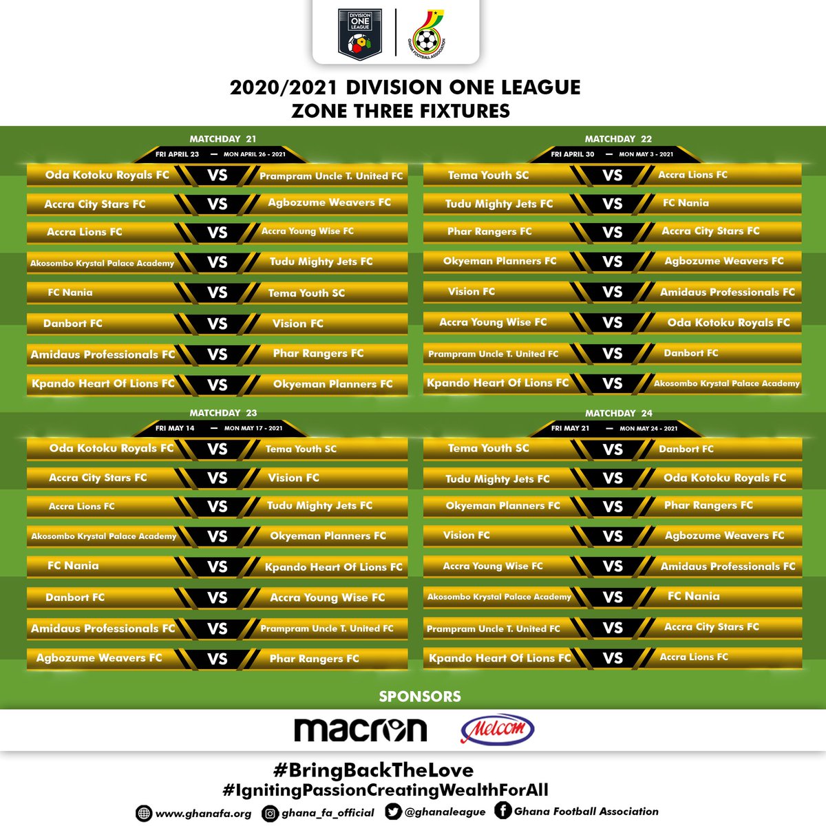 ghanafaofficial's tweet photo. 📌 2020/21 Division One League Fixtures
ZONE THREE -(Day 17-30)
#GHDOL
#BringBackTheLove https://t.co/rCa87xfIdq