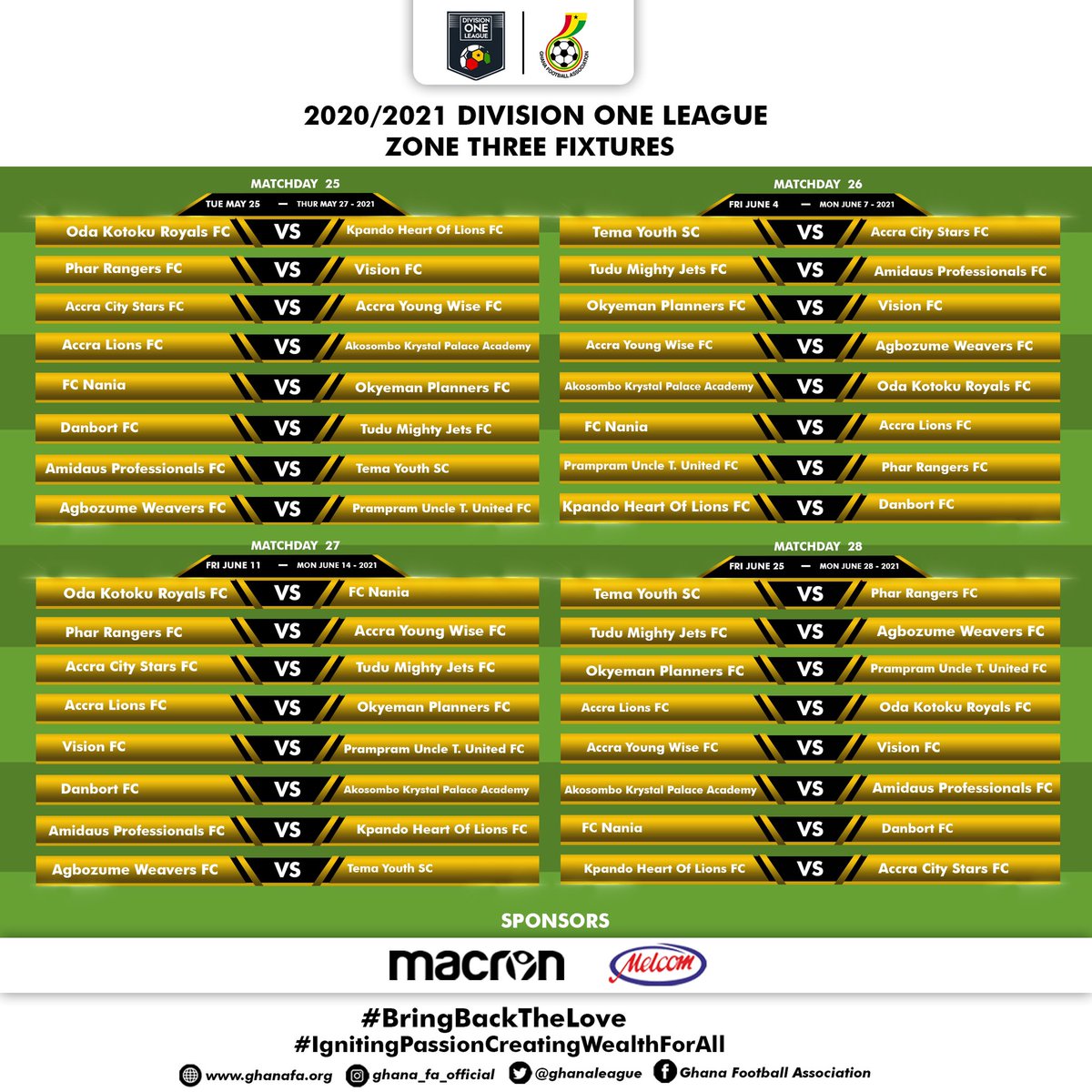 ghanafaofficial's tweet photo. 📌 2020/21 Division One League Fixtures
ZONE THREE -(Day 17-30)
#GHDOL
#BringBackTheLove https://t.co/rCa87xfIdq