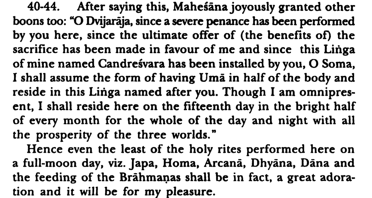 Sōma performed a deep penance and Rajasuya Yajna. He is given the position of the eye of the lord of the devas.The chapter has exquisite details on the benefits of worshiping Candrēśvara.Maheswara pleased by Sōma grants him many boons as below6/