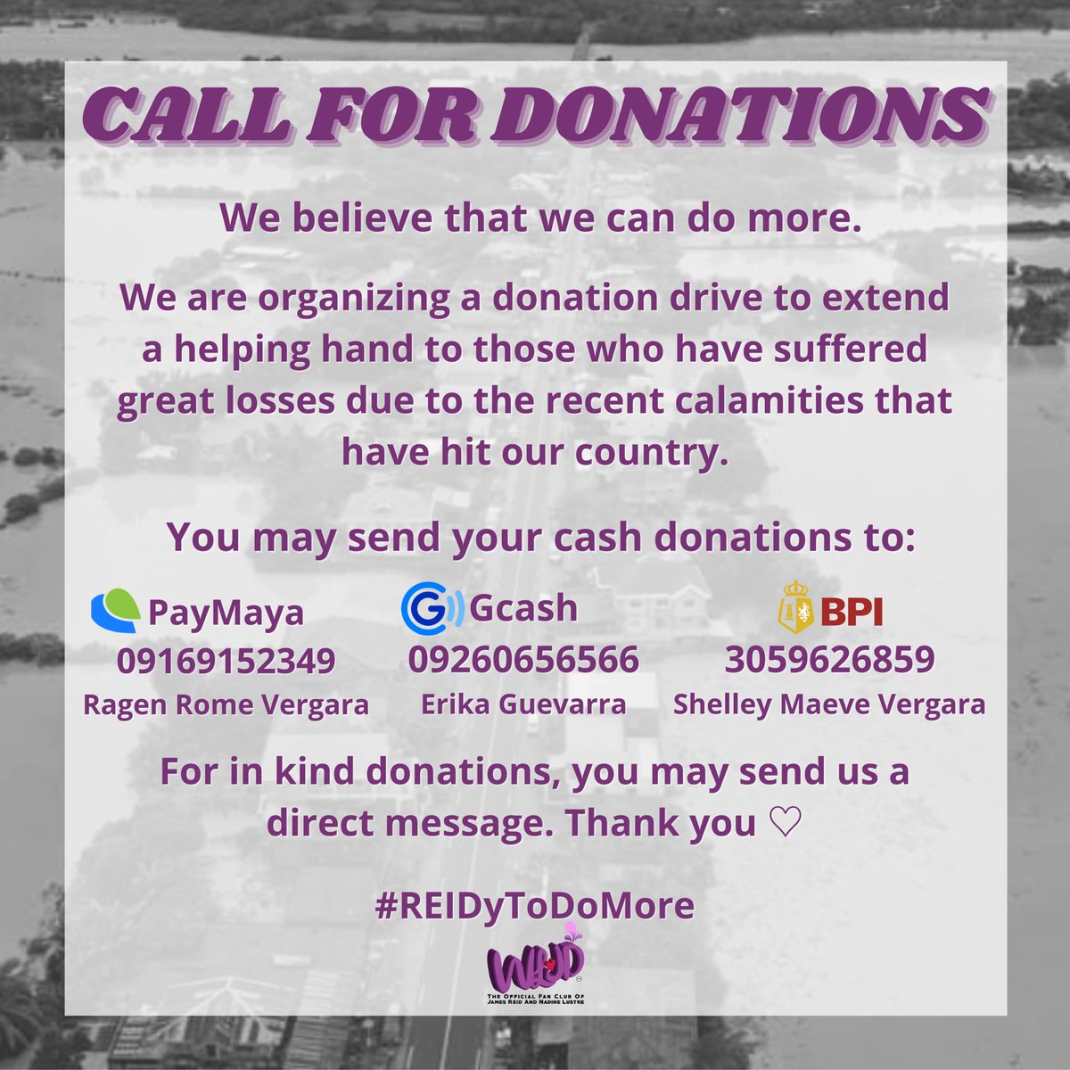 WeLoveJaDine's tweet photo. CALL FOR DONATIONS!

Hi, JaDines! We are organizing a donation drive to extend a helping hand to the victims of the recent calamities that have hit out country. #REIDyToDoMore 

#UlyssesPH
#CagayanNeedsHelp
#IsabelaNeedsHelp
#MarikinaNeedsHelp
#RizalNeedsHelp
#BulacanNeedsHelp https://t.co/Qf0UqntsMK