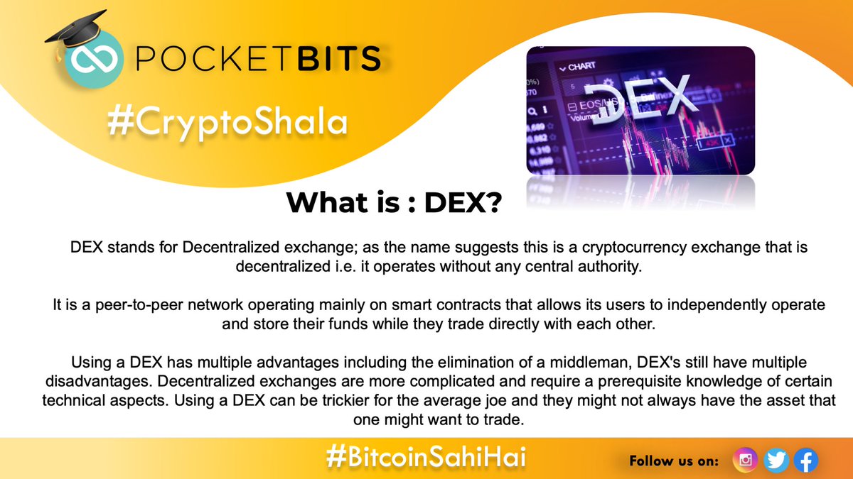 PocketBitsIndia's tweet photo. Learn the basics of Crypto Trading with #CryptoShala brought to you by
"PocketBits" - one of India's oldest active Cryptocurrency Exchange
Topic for the day: "DEX"
#cryptocurrency #DeFi
#pocketbits https://t.co/SCTfRtxX3f