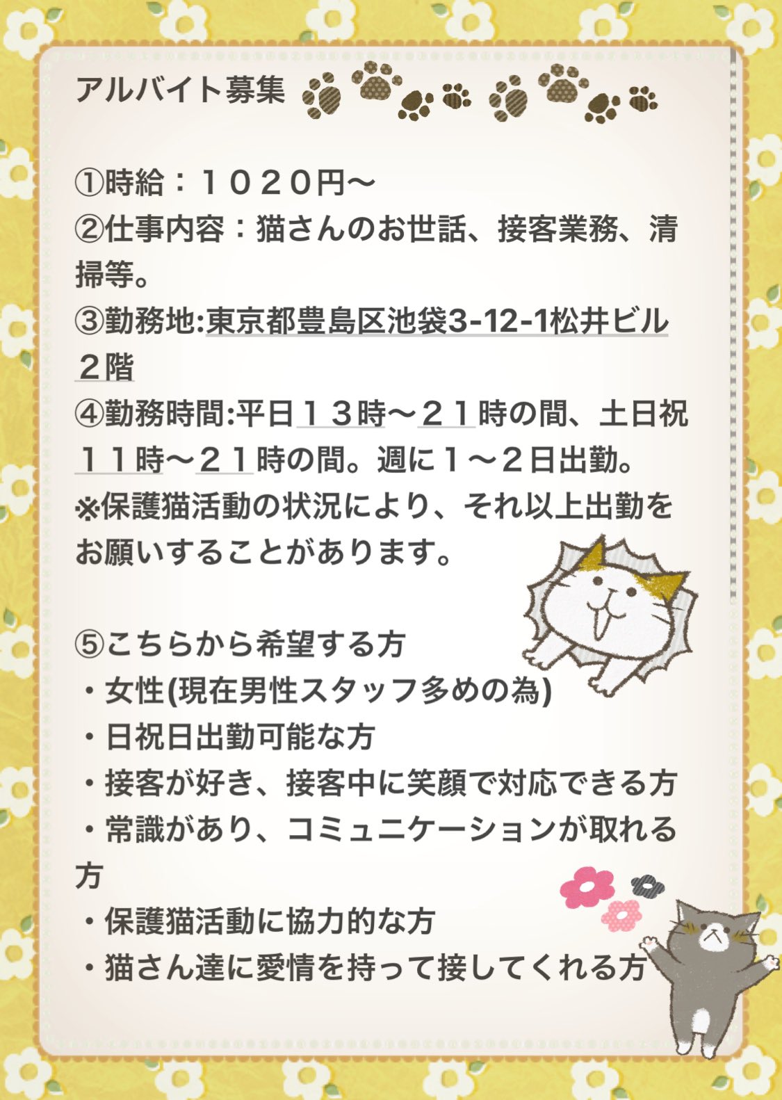 保護猫喫茶 要にゃんこ亭 保護猫喫茶要にゃんこ亭は一緒に猫さん達の為に働いてくれるアルバイトさんを大募集中です １名 お気軽にご連絡ください 締切11月21日 土 猫カフェアルバイト 保護猫カフェアルバイト アルバイト募集 保護猫