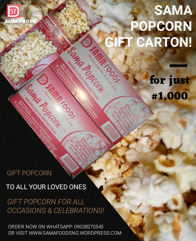 samafoodsng's tweet photo. You can't share your sama popcorn with everyone
Send a DM
#snacks #popcorn #samapopcorn @Samafoodsng https://t.co/suaVi13V7z