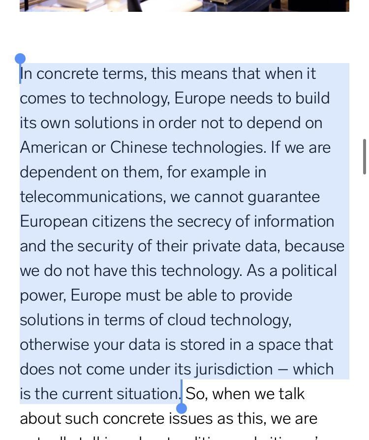 Emmanuel #Macron on European digital autonomy: “Europe needs to build its own solutions in order not to depend on American or Chinese technologies”