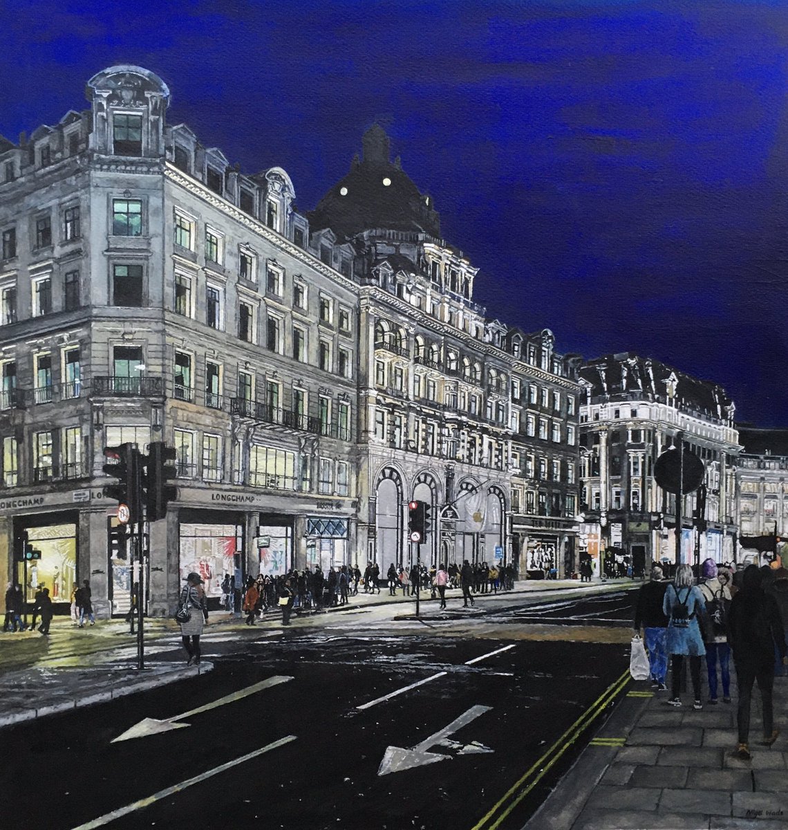 nigelwadeart's tweet photo. “Regent Street at Night” is my latest watercolour painting. 49 cm x 49 cm. Painted as a commission and the original is sold. Limited edition fine art prints are available. #nigelwadeart #regentstreet #london #watercolour #watercolourrealism https://t.co/FN85PlOH1w