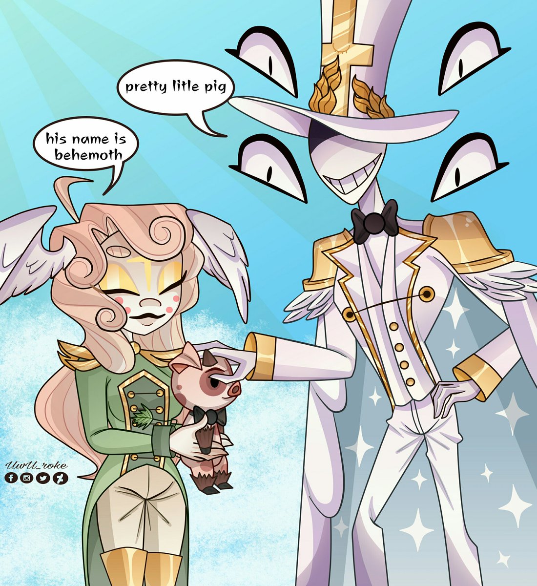 RokeUwu's tweet photo. Aquí esta el fanart de god el oc de @voidseeker_ me gusto mucho su diseño aunque no se si sea la versión del sombrero correcta , y mi oc serafin haniel con el pequeño behemoth #hhoc #god #voidseeker #hazbinOC #drawing #Hazbin_Hotel #HHOC #HazbinHotelgod #teamseraphicsin https://t.co/OoBXDTWeVo