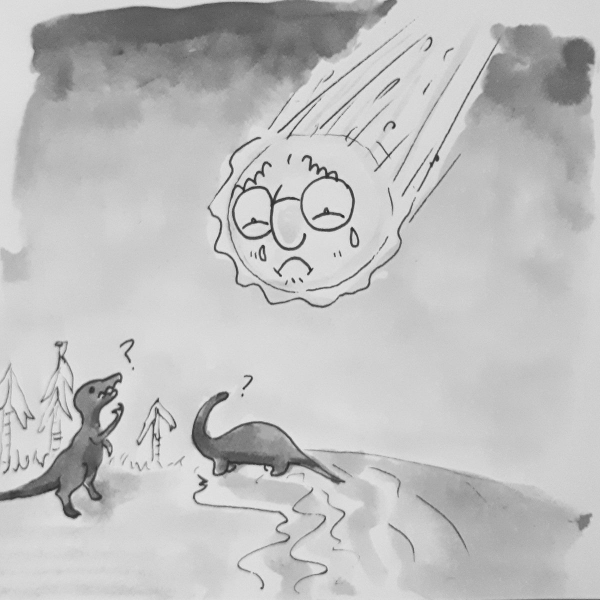 owlgress_illu's tweet photo. Noooo! #dinovember #dinosaurs #grannyannie #illustration #ink #blackandwhite #comet #extinction https://t.co/JQwITjLnli