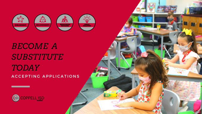 CISD in Need of Substitutes
CISD is looking to hire more substitutes. Special Incentive — CISD is currently offering a special rate of $155 per teaching job and $105 per aide job when you work 8 jobs within the specified pay period. Learn more at: coppellisd.com/HR.