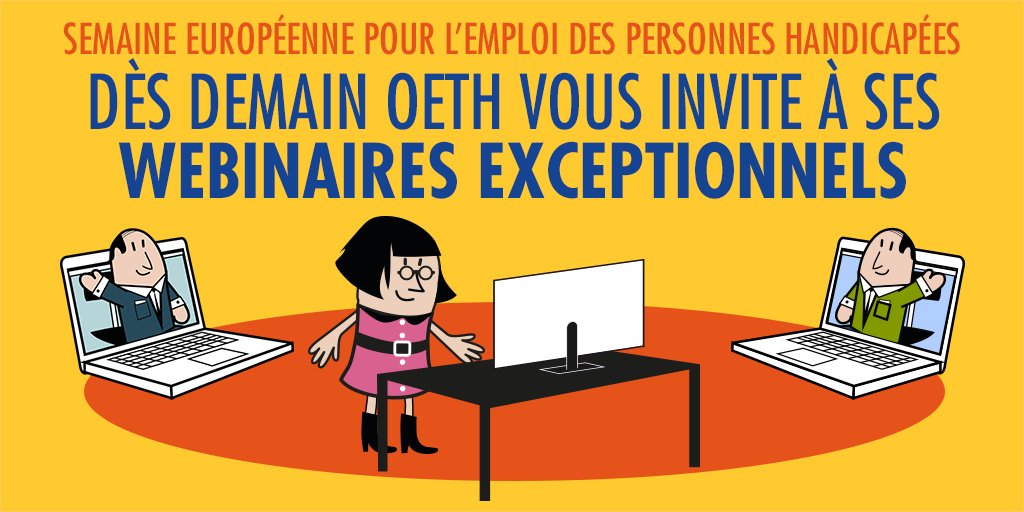 AssociationOETH's tweet photo. Dès demain, partagez des expériences réussies, posez vos questions à nos conseiller.e.s et découvrez l’un des lauréats de l’appel à projets 21 x OETH.

Semaine Européenne pour l’Emploi des Personnes Handicapées

Inscriptions sur
https://t.co/rBRQIu4PxQ

#SEEPH2020 #Handicap #OETH https://t.co/DuIGINRta5