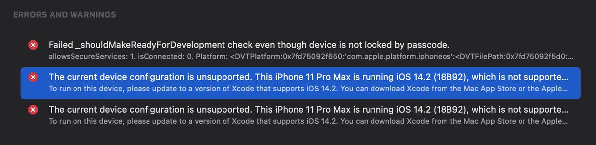 ltfpeter's tweet image. 升级了手机但忘更新Xcode。然而这种bad case在Xcode12上竟然不再有alert提示，只是在device窗口里能看到error。#xcode
