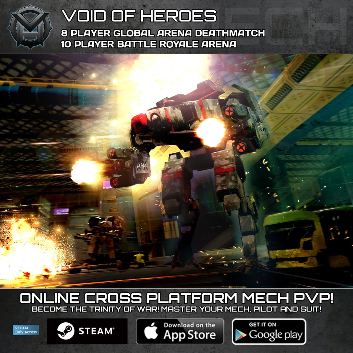 voidofheroes's tweet photo. Experience a battle royale game that brings a vertically rising death zone, a skill system including 19 Mechs, large number of weapons, pilots and suits all available with special skills! -Invite Friends!! #battleroyale #crossplatform #mech #pvp #fps #multiplayer  #online #game https://t.co/mW9056W6e0