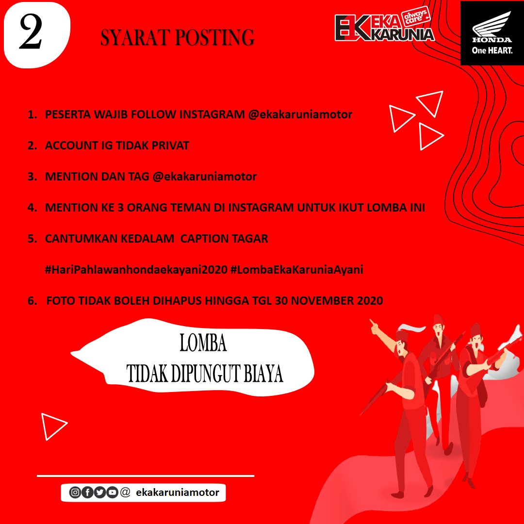 EkaKaruniaMotor's tweet photo. YUHU KITA LAGI ADAIN LOMBA LAGI NIH SOB!!!

JOIN LOMBA YUK BIAR "FREE TIME" MU LEBIH BERFAEDAH DAN BISA DAPET HADIAH!!🎉😁

BACA SYARAT DAN KETETUANNYA YA SOB!

JANGAN LUPA WAJIB AJAK TEMEN, SODARA, GEBETAN, SELINGKUHAN JUGA BOLE 😂 https://t.co/kqtd2tjgbt