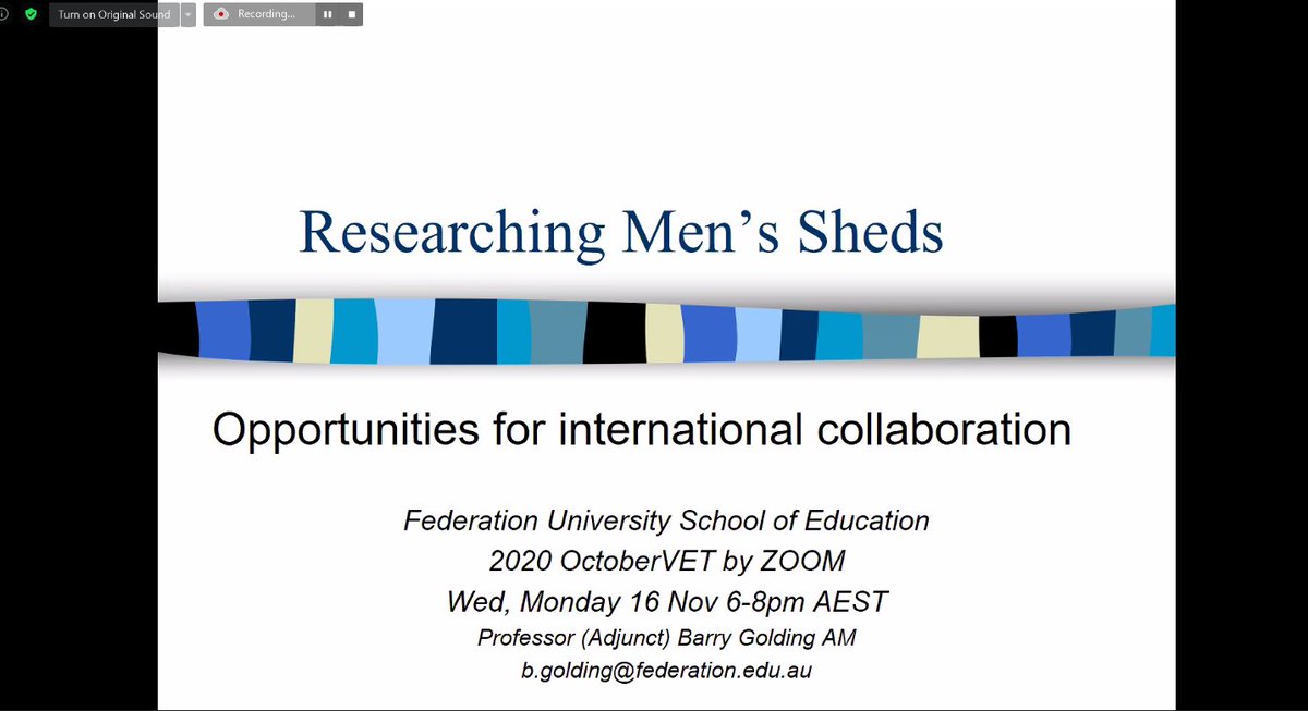 AVETRA1's tweet photo. The second presentation this evening is from Prof Barry Golding of @FedUniAustralia, speaking about 'Researching Men's Sheds'. #OctoberVET #VocEd #Skills https://t.co/1pZq1B8KTe