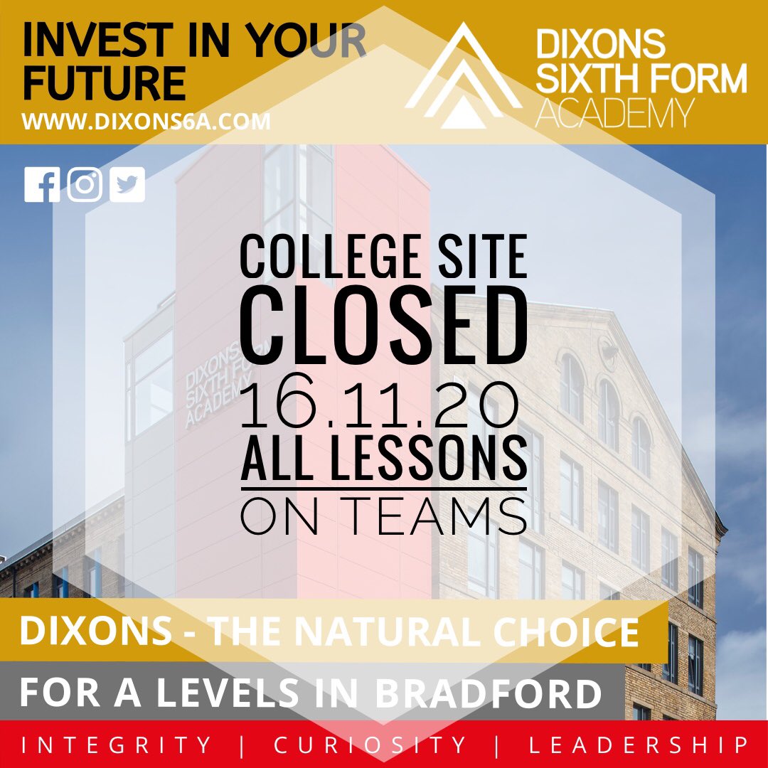 DixonsSixth's tweet photo. Due to a local incident the site is closed today - all lessons are on Teams and teachers will be in touch with classes. https://t.co/xXSqPymwpL