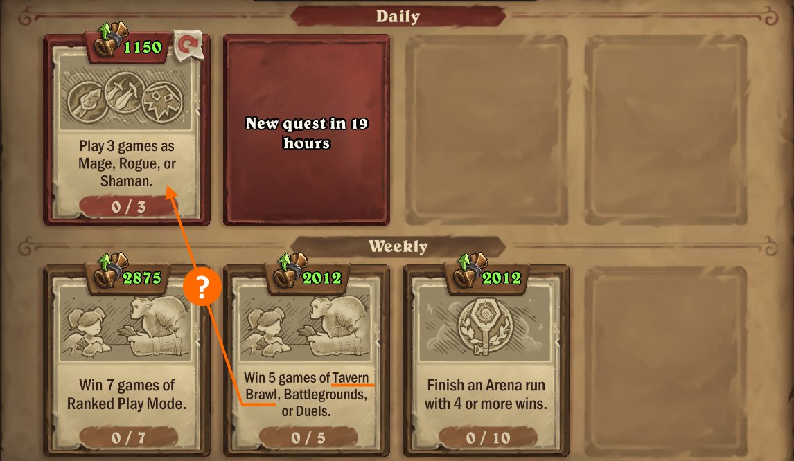 ZuidermanHS's tweet photo. What #Hearthstone #WeeklyQuests did you receive?
I got a "Play an Old God Legendary from Darkmoon 10 times" but rerolled it into 4 or more Arena wins. Never Lucky.
Also, anyone read anything about why #TavernBrawls no longer count towards "Play 3 games as x, y or z" quest? https://t.co/O5W5X3XjZz