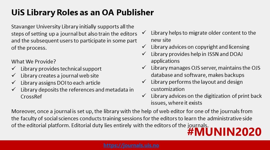 FarmanbarMina's tweet photo. @MuninConf Publishing with Open journal systems (OJS): 
the engaged university and library support at the University of Stavanger  #Munin2020 #OpenAccess
 #OpenScience  #ScholComm  #AcademicTwitter  #SciComm @UBiStavanger @GKolstrup @KolstrupPer https://t.co/cJgOwNc9b5