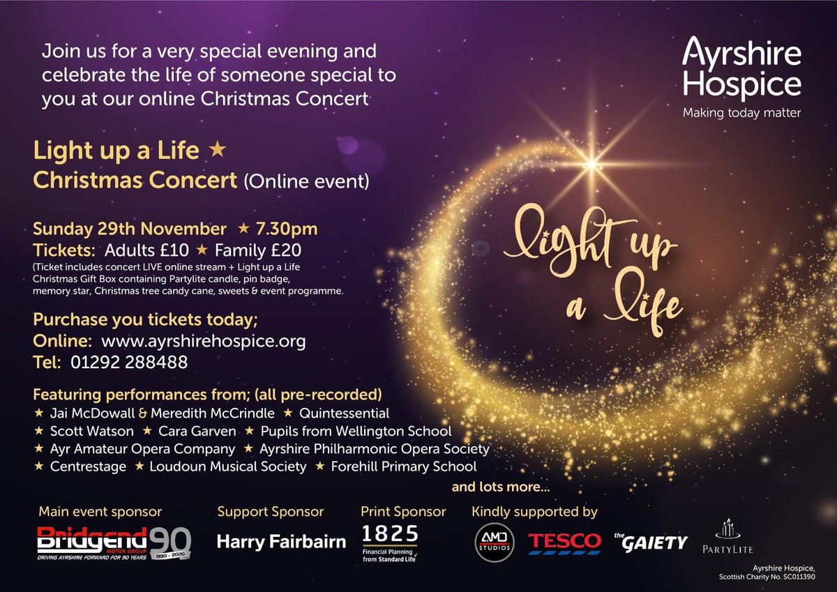 AyrshireHospice's tweet photo. 💜💫 Two weeks to go 💫💜

Special thanks to @bridgendgroup our Principal Sponsor for their generous donation.

We visited the amazing @CentrestageMT last week to pre-record some more performances ... not too much longer to wait! 🎤 🎶🤩

#Lightupalife https://t.co/6bkzJe4rYy