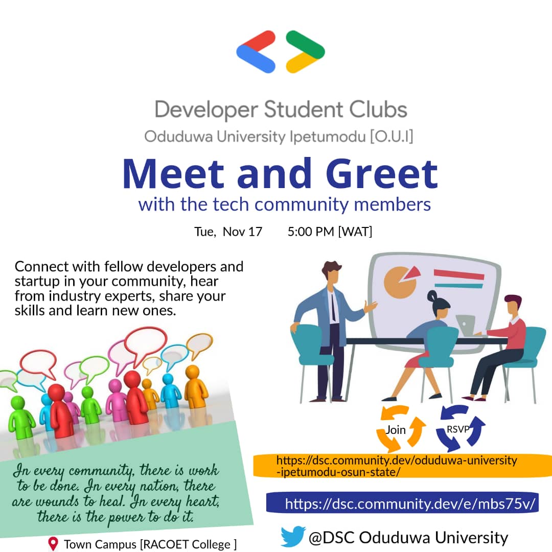 GDSCOUI's tweet photo. Welcome back to school everyone 🤗,
Let's meet and greet with the community members Tuesday 5pm.
Don't stress too much about reminders for the session, let's help you with that 😃
Just RSVP, it's that simple
https://t.co/TaPlTKZdqV
📌📌
#DevelopersStudentClubs @googledevs https://t.co/zn4jbLaCgS