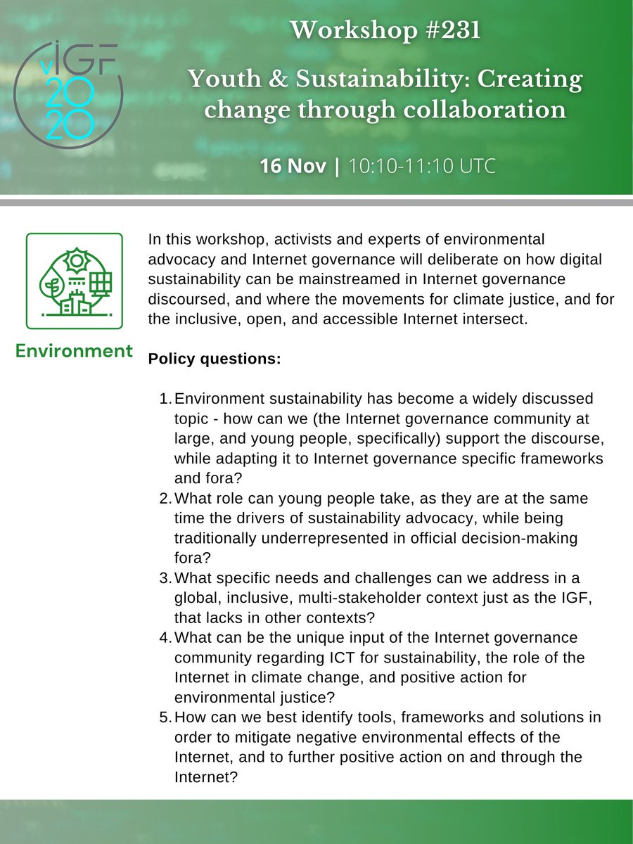 igf_environment's tweet photo. Starting at 10:10 UTC in the #IGF2020 #environment track: WS #231, #Youth &amp; #Sustainability: Creating change through collaboration

Details:  https://t.co/2WZWOEzHLa

YouTube livestream of this session available from 
https://t.co/diKP1SithI https://t.co/ymtlhVBpuy