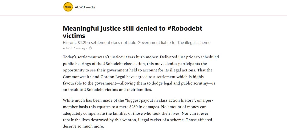 STATEMENT: The $1.2b settlement reached in the  #Robodebt class action falls short of delivering true justice or accountability for victims of the illegal scheme.Full statement here:  https://auwu.substack.com/p/meaningful-justice-still-denied-to
