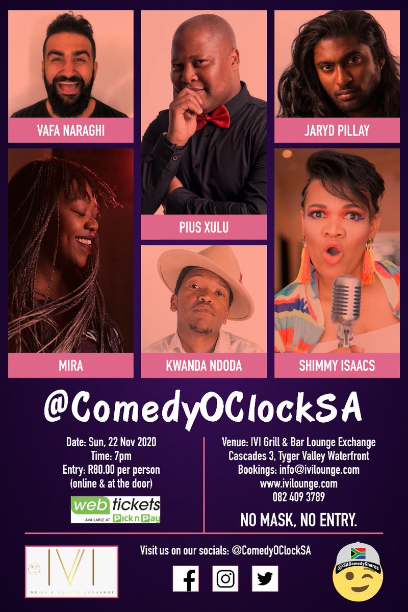 #FridayComedyNight (@ukhambabcomedy) on Twitter photo Get your tickets to the debut <a href="/ComedyOClockSA/">ComedyOClockSA</a> event. webtickets.co.za/v2/Event.aspx?…
Limited to 50 people. #NoMaskNoEntry 😷
#standupcomedy #sacomedy #stagetime #salockdown #lol Get your tickets to the debut <a href="/ComedyOClockSA/">ComedyOClockSA</a> event. webtickets.co.za/v2/Event.aspx?…
Limited to 50 people. #NoMaskNoEntry 😷
#standupcomedy #sacomedy #stagetime #salockdown #lol