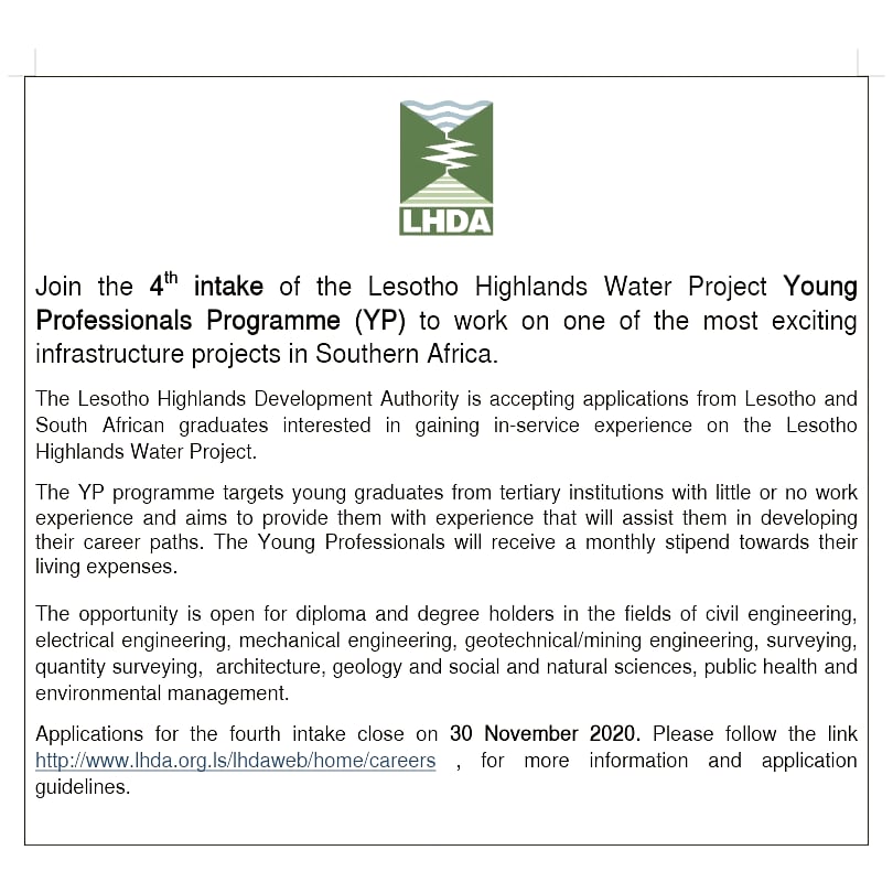 Wits_GRP's tweet image. Applications for the fourth intake close on 30 November 2020. Please follow the link lhda.org.ls/lhdaweb/home/c… , for more information and application guidelines.

#jobopportunity #jobseeking #OpportunityForStudents #witsgrp