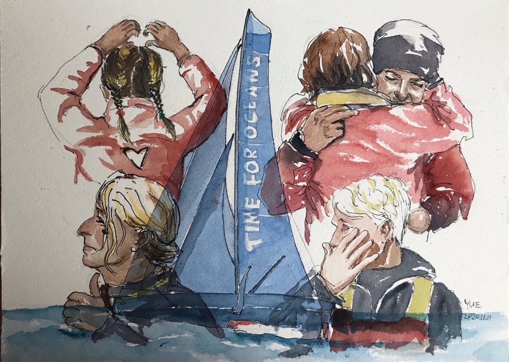 DrawingSailor's tweet photo. One week since the 33 brave men and women went to sea to compete in #vendeeglobe the greatest sailing race round the world. Fair winds and see you all in 100 days! 
35/100
#vg2020 #circumnavigation #sailingrace #skipper #sailing #fairwinds #watercolor #100daysofprojects https://t.co/vEJ225wxZp