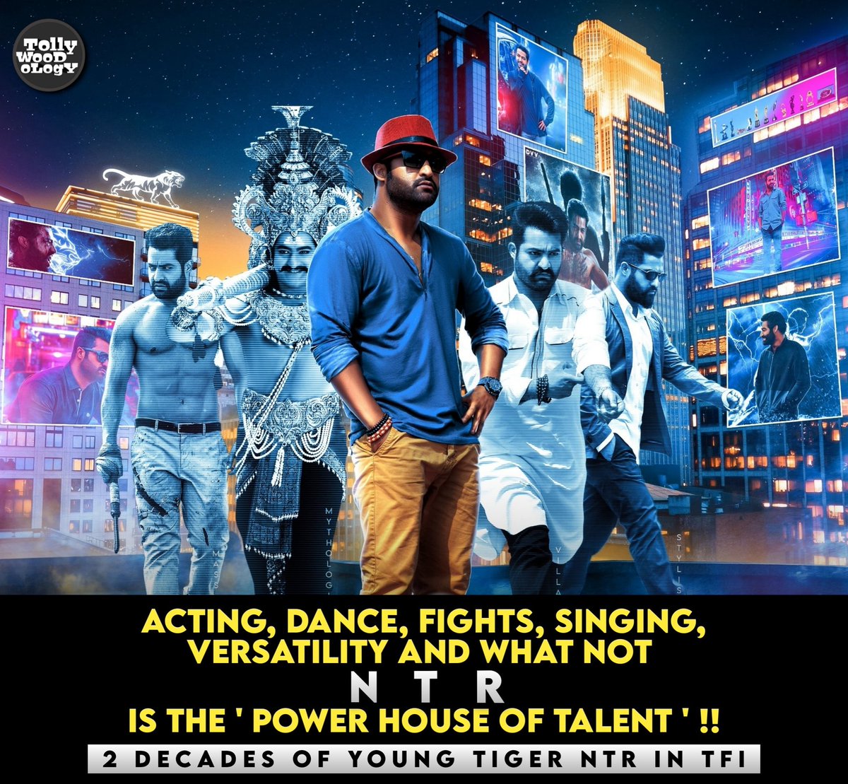 TOLLYWOODOLOGY's tweet photo. 2 decades of Young tiger #NTR in TFI.
Acting, dance, fights, singing, versatility and what not
@tarak9999 is the 'Power house of talent' !!
#20YearsOfNTR #2DecadesOfNTREra
#20YearsofNTRinTFI #RRR #JrNTR
#KomaramBheemNTR https://t.co/fz8WCliujo