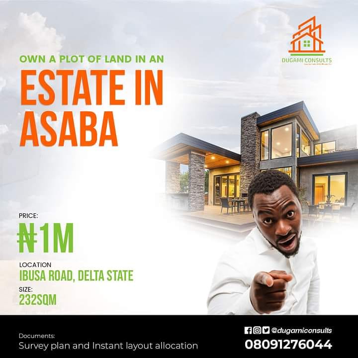 Dugamiconsults's tweet photo. #dugamiconsults
#realtorsofinstagram

You too can own a plot of land with ease in Asaba for a going rate of  N 1million naira only.

Hurry!

Contract us now at Dugami consults.

#realestatebroker #realestate #realtor #realestateagent #home #property #kleaver https://t.co/ZCdubWUOZ2