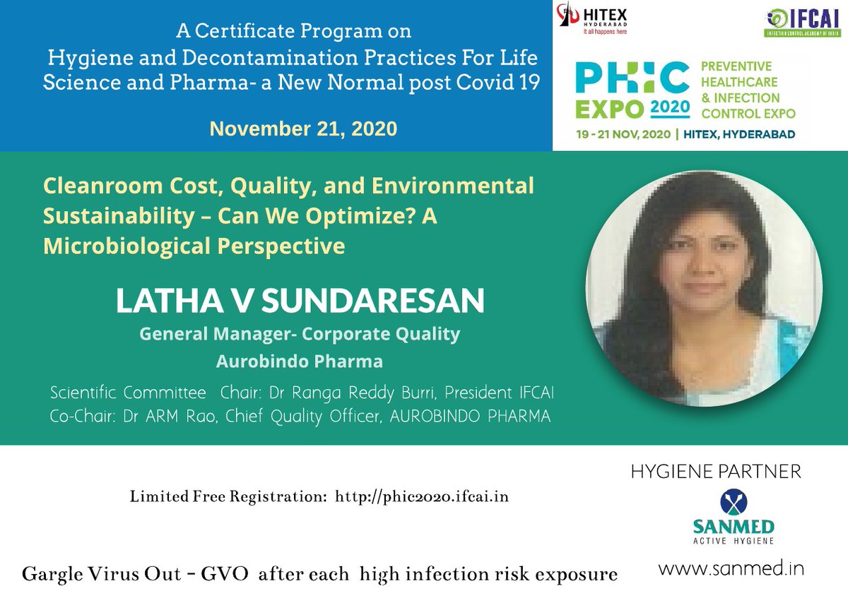 sanmed_health's tweet photo. Free registration for a certificate programme on "Hygiene and Decontamination Practices for the Life Sciences and Pharma - a New Normal Post Covid19" scheduled on Nov. 21 at Hitex, Hyderabad. Register at https://t.co/Na1kiJb05v Option of online live-stream view. #IFCAI #Hitex https://t.co/dDSBaPmnpU