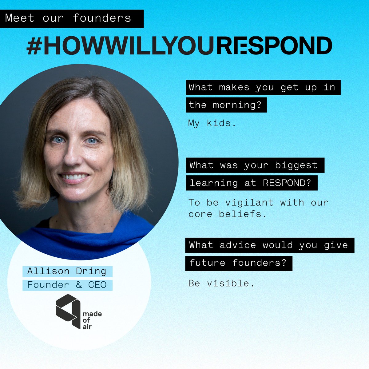 respond_acc's tweet photo. Meet our #founders! 🙌
Allison Dring is the Co-Founder and CEO of @madeof_air!

Made of Air manufactures a thermoplastic granule composed of 90% carbon from the atmosphere, rendering it #carbonnegative. 

#Accelerator #Startup #Entrepreneurs #Innovation 
@bmwfoundation @utum_muc https://t.co/zYL91dMtx1