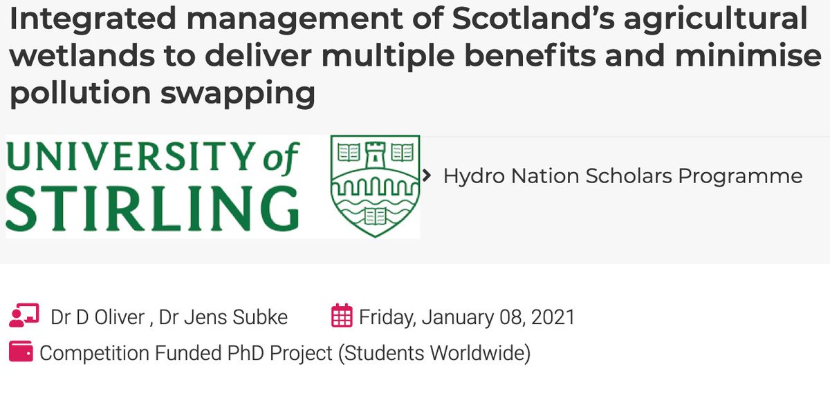 David_M_Oliver's tweet image. Apply for a @HydroScholars PhD in land &amp;amp; water management @StirBES: inform science-policy understanding of multi-pollutant trade-offs in agricultural #wetlands - #DiffusePollution #WaterQuality #PollutionSwapping #GHGFlux #InterdisciplinarySkills @JASubke
findaphd.com/phds/project/i…