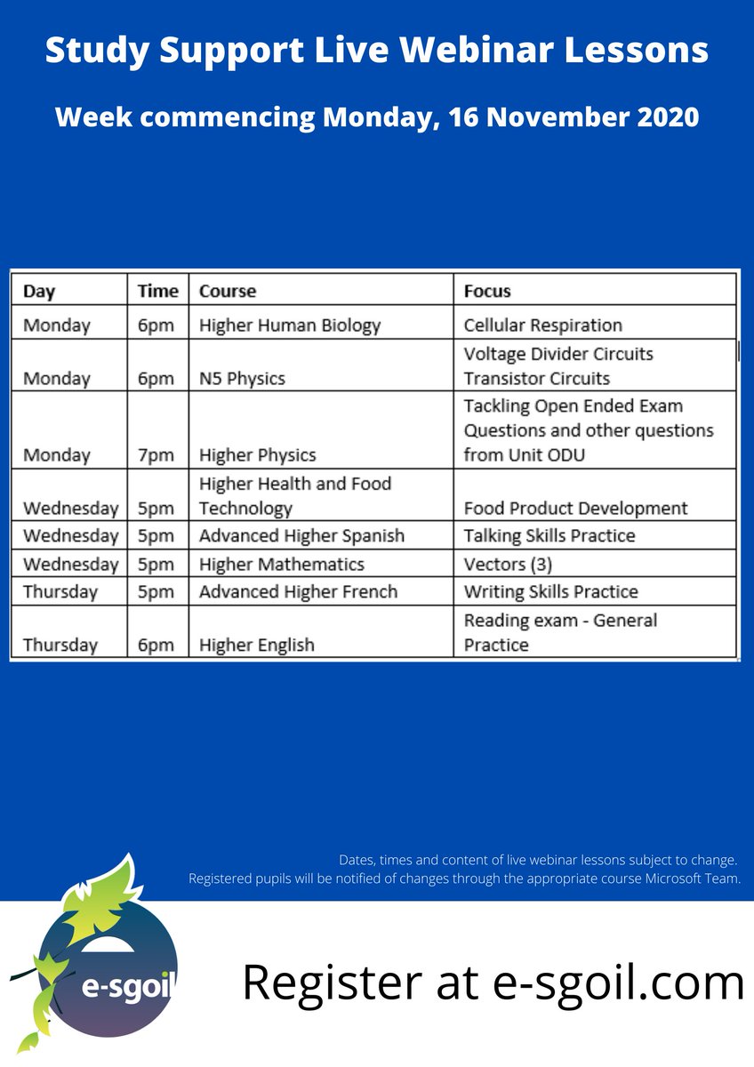 eSgoil's tweet photo. Several of our Live Webinar Lessons are taking a deserved break this week. Those that are running are detailed below. If you have not yet registered, do so now at https://t.co/ABK0rDybAA We have some exciting news about our Study Support to share with you later this week! https://t.co/vLHjshIc0w