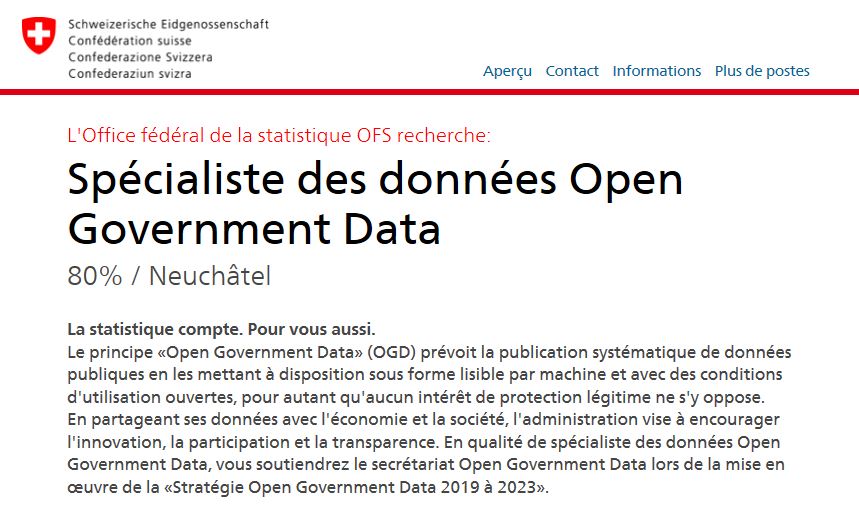 #opendata #Jobs : Nous cherchons un(e) spécialiste des données #OpenGovernmentData : ow.ly/Dwlz50CjsvD <a href="/statsuisse/">Office fédéral de la statistique OFS</a>