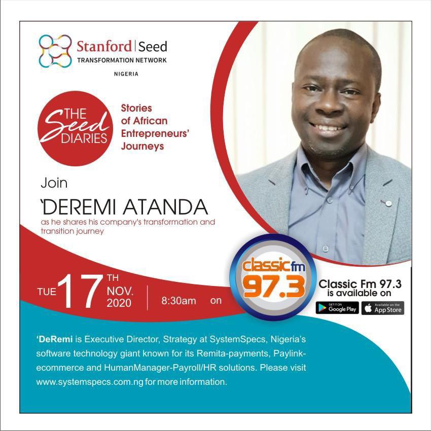 SystemSpecsNig's tweet photo. Kindly tune in to Classic FM 97.3 tomorrow, 17th November 2020 to join our Executive Director, @DeRemi on The Seed Diaries as he shares our transformation and transition journey . Time is 8:30AM.
Online listening link: https://t.co/No2Gacq4pN
#SeedTransformationNetwork https://t.co/7QuClA5hnj