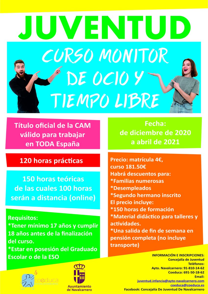 ¿Quieres obtener la titulación oficial de monitor de ocio y tiempo libre? El Ayuntamiento de Navalcarnero realiza esta formación, en colaboración con Coeduca. Toda la información sobre precio, horas lectivas y teléfonos de contacto la tienes a continuación 👇
