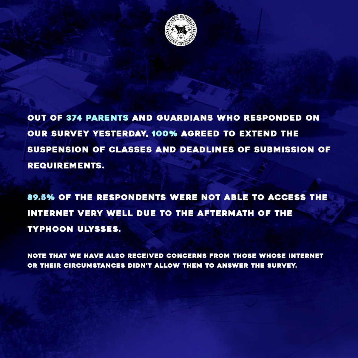 AdUStudentGovt's tweet photo. To our fellow klasmeyts and their families who have experienced the great loss caused by the typhoon...
We. Stand. With. You.
#WALANGIWANANADAMSONIAN
#ACADEMICBREAKNOWADAMSON
#ACADEMICEASENOWADU
#NOKLASMEYTLEFTBEHIND
#SoaringBeyondBorders https://t.co/JaBAvQLWsO