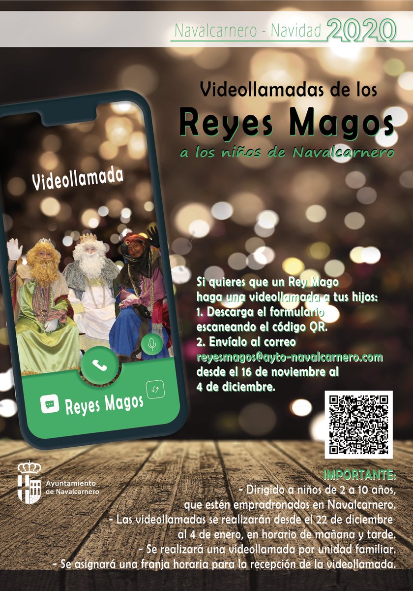 Este año los Reyes Magos van a llevar a cabo en Navalcarnero una acción muy especial. Una videollamada a los niños de la localidad que lo deseen, entre los 2 y los 10 años. Os dejamos el enlace con el formulario y la información: navalcarnero.es/navalcarnero/p…