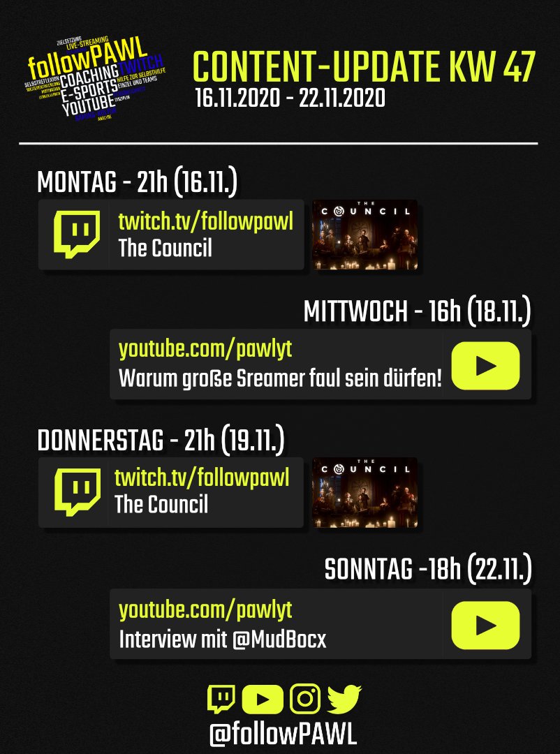 followpawl's tweet image. #ContentUpdate für die KW47. Wird eine volle Woche hier ;)

#TwitchDE #YouTube #coaching