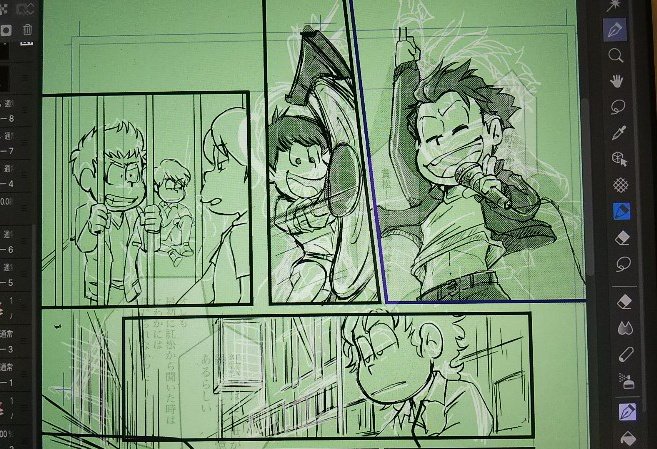 今回の原稿なんであんなに時間がかかるのか…無闇を描いたら実家に帰ってきたような楽さ…髪型か…
画面が緑なのはふぉろわさんに教えていただいた緑レイヤーです。緑はいつも私に優しい… 