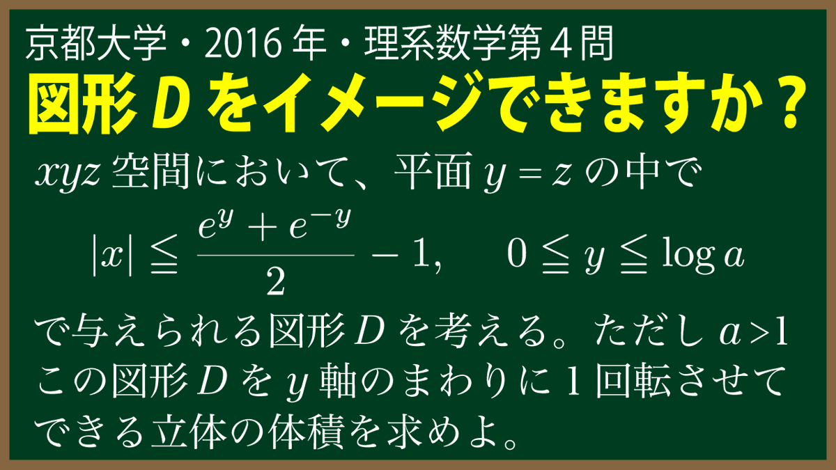 福田の数学 福田の入試問題解説 京都大学 京都大学16年度理系数学第４問の解説動画を公開しました 回転体の体積を求める 問題ですが 回転させる図形がどんな図形なのかがわかりにくいのが難しいところ 空間図形を苦手としている人に是非見てもらいたい
