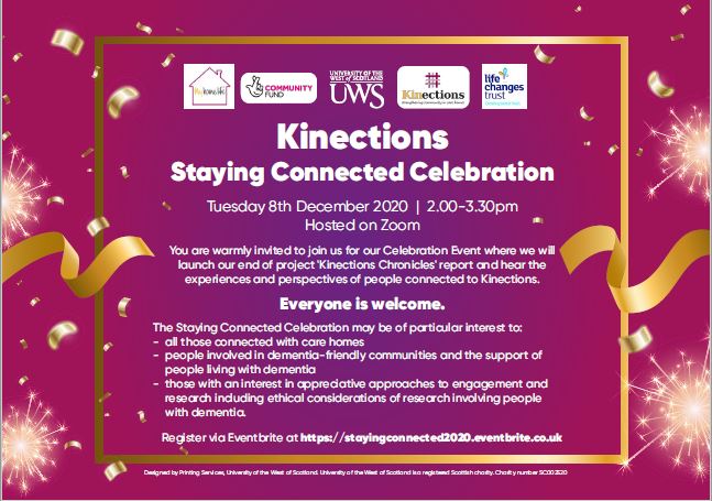 KinectionsEA's tweet photo. Join us on Dec 8th 2 -3.30 on Zoom for our end of project Staying Connected Celebration Event, when we will share our learning from the 'Kinections- creating community in care homes' project @vallen5555 @EAHSCP  Registration via Eventbrite https://t.co/vG0b7x9YeO Please share. https://t.co/zcbvFoB0BO