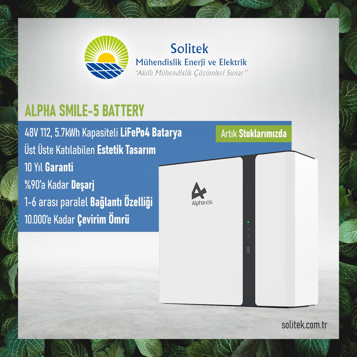AlphaESS ailesinin estetik serisileri Smıle-5, M4856-P ve M4856-S artık stoklarımızda. 

Kolay kurulum ve estetik tasarıma sahip olmak için lütfen iletişime geçiniz.  info@solitek.com.tr