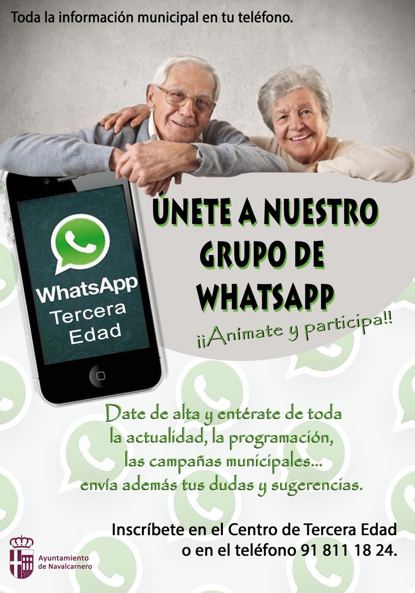 El Ayuntamiento cuenta con un número de teléfono de Whatsapp destinado al colectivo de Mayores del municipio. Si quieres recibir toda la información municipal a través de tu teléfono, puedes apuntarte a este grupo en el Centro de Tercera Edad o llamando al teléfono 91 811 18 24.