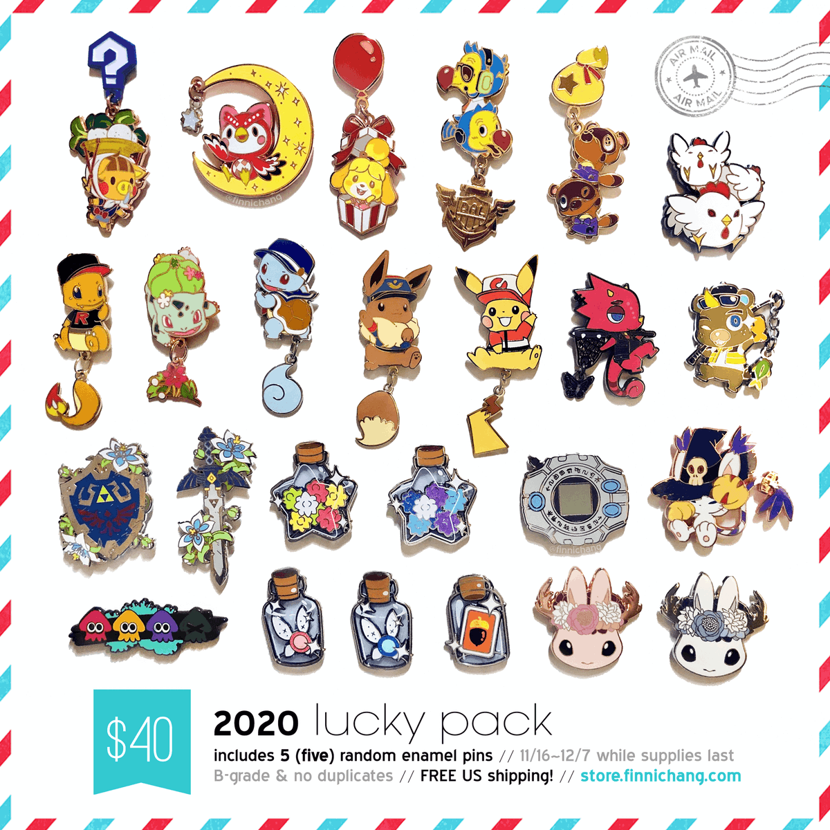 FinniChang's tweet photo. ✨My BF Lucky Pack special is here! Get FIVE (5) random B-grade enamel pins (no dupes!) for just $40. ☺️
Designs include many of my best sellers, plus FREE US SHIPPING.

Giveaway‼️ Win 1 pack to 2 RT's on this post~ More info below. TY for looking!
🛍️: https://t.co/BM7tc4OA8V https://t.co/qxnUhFIhjt