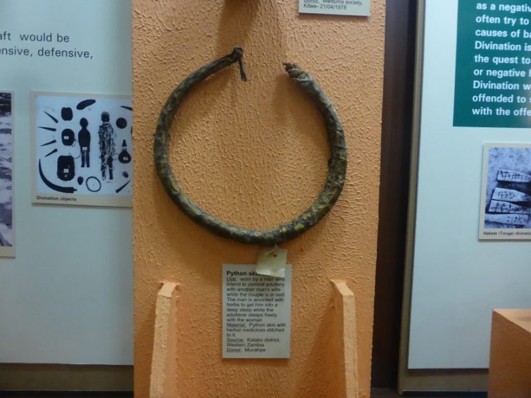 1978- Kitwe. Python Skin Belt on display at <a href="/LusakaMuseum/">Lusaka National Museum</a> (Entry K10)

Worn by a man who intends to commit adultery with another man’s wife while the couple is in bed. The husband is anointed with herbs to get him into a deep sleep while the adulterer sleeps freely with the woman