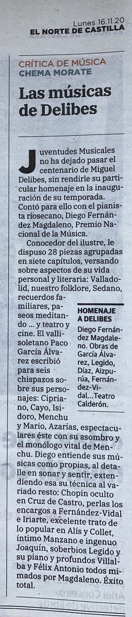 DiegoFMagdaleno's tweet image. “Éxito total”. Magnífica reseña del concierto de #DiegoFernándezMagdaleno. 

#CentenarioDelibes #JuventudesMusicales