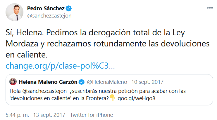 Victordl_Fuente's tweet photo. Así respondía @sanchezcastejon a @HelenaMaleno hace 3 años. Hoy conocemos como el Gobierno del PSOE y Unidas Podemos emplea la excusa del TC para mantener la política de la derecha, es tan fácil como recurrir a la mayoría parlamentaria para defender los #DDHH. #MarlaskaDimisión https://t.co/ty0TUL4GDF