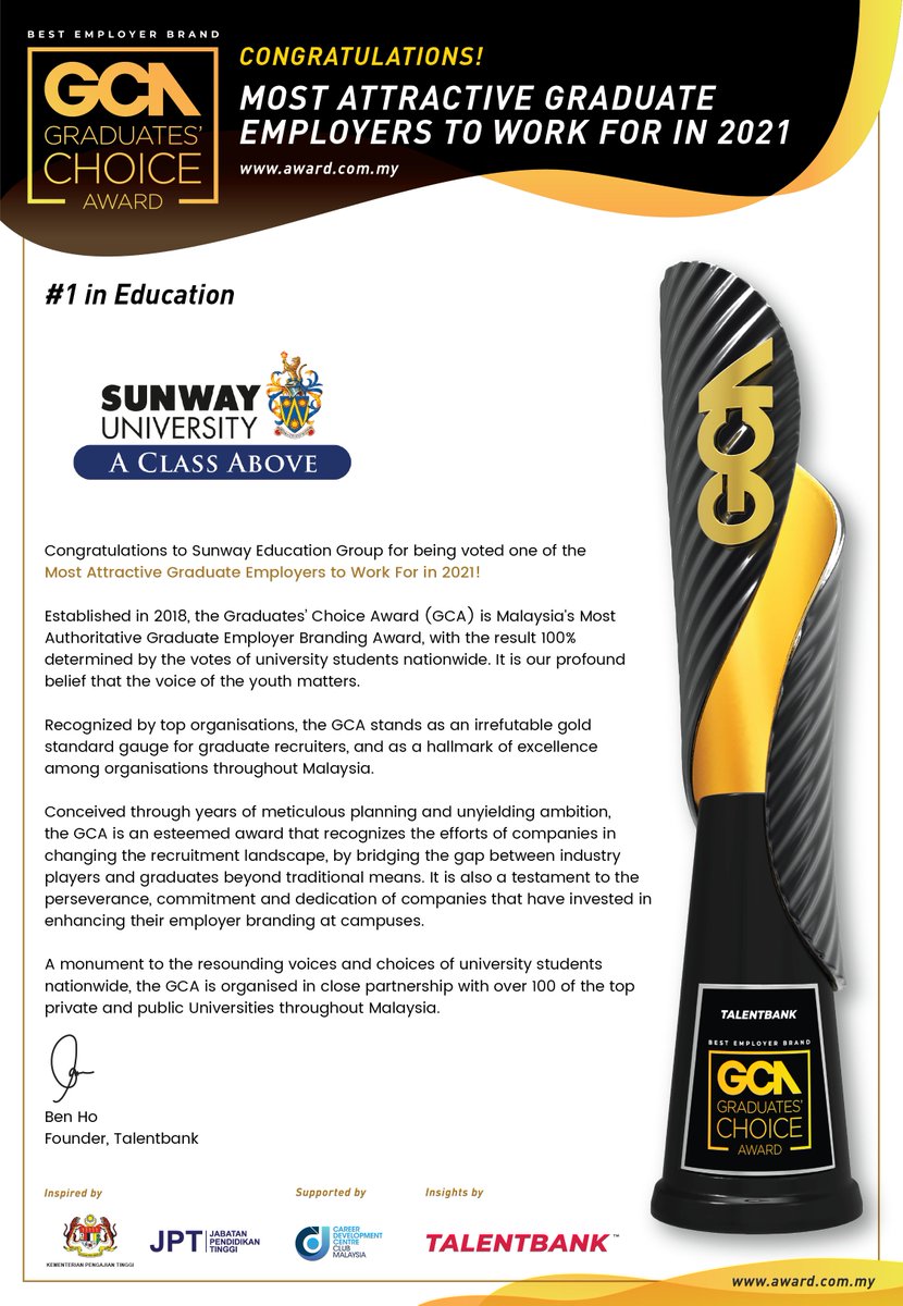 SunwayU's tweet photo. We are immensely proud and grateful to be voted as the top 'Most Attractive Graduate Employers to Work For in 2021' in the Graduates' Choice Award 2020/2021.
#GCA2021 #MostAttractiveEmployer #StudentsChoiceOfEmployer #Talentbank https://t.co/vZQLr3MF2S